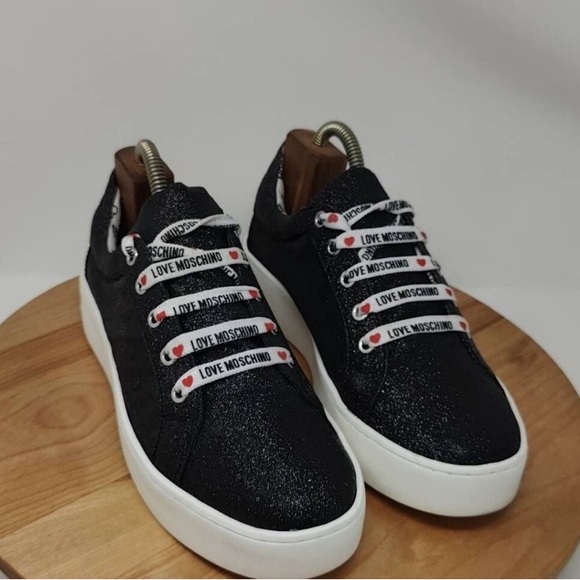 NWOT Cool LOVE MOSCHINO Black Glitter With Monogram Shoe Laces Ladies Size IT|40 - Picture 8 of 10